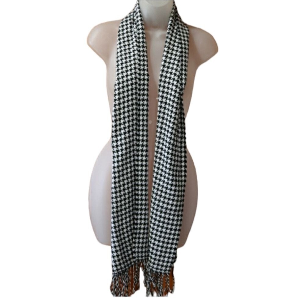 Houndstooth Black & White Fringe Long Neck Scarf